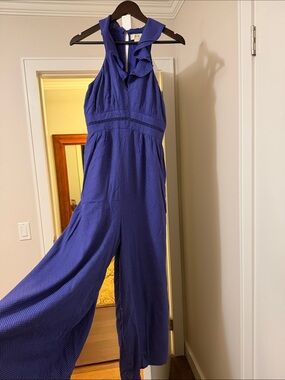 Anthropologie Maeve Justine Ruffled Polka Dot Wide Leg Jumpsuit in Marin Navy 8